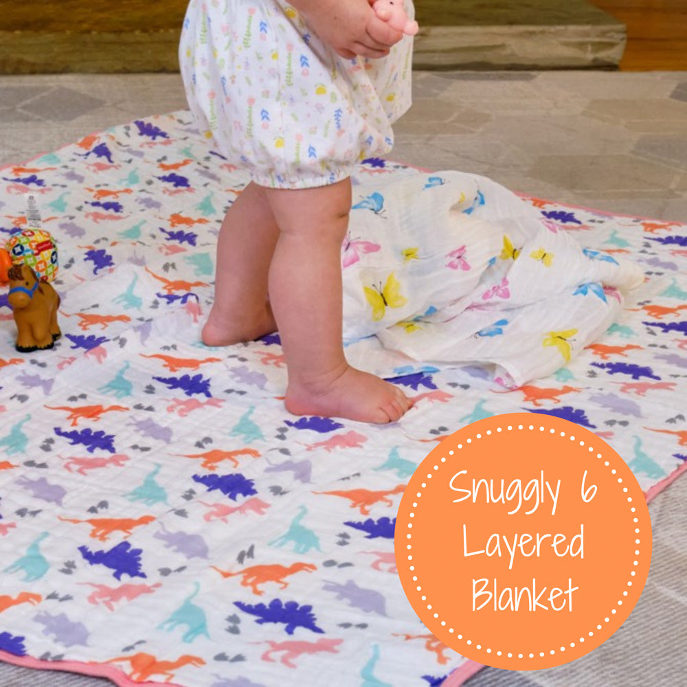 Baby & Kids 6-layer Muslin Quilt 120x120cm: Pink Dinosaurs