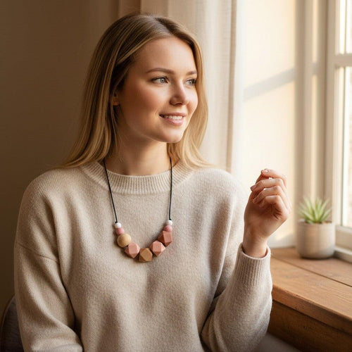 Precious Days Gifts chunky neutral silicone bead necklace for babies and mums, BPA-free.