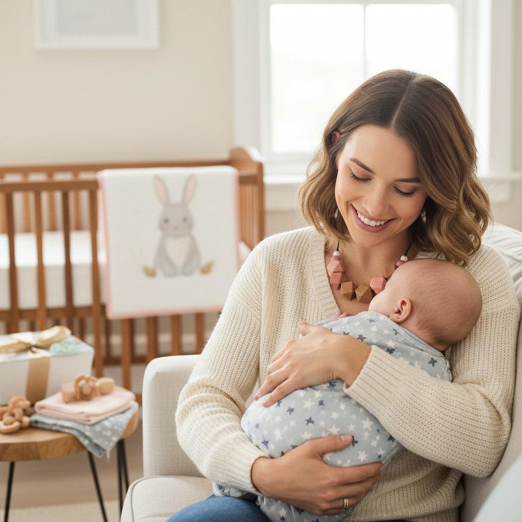 Precious Days Gifts chunky neutral silicone teething necklace worn by a smiling mother holding her baby.