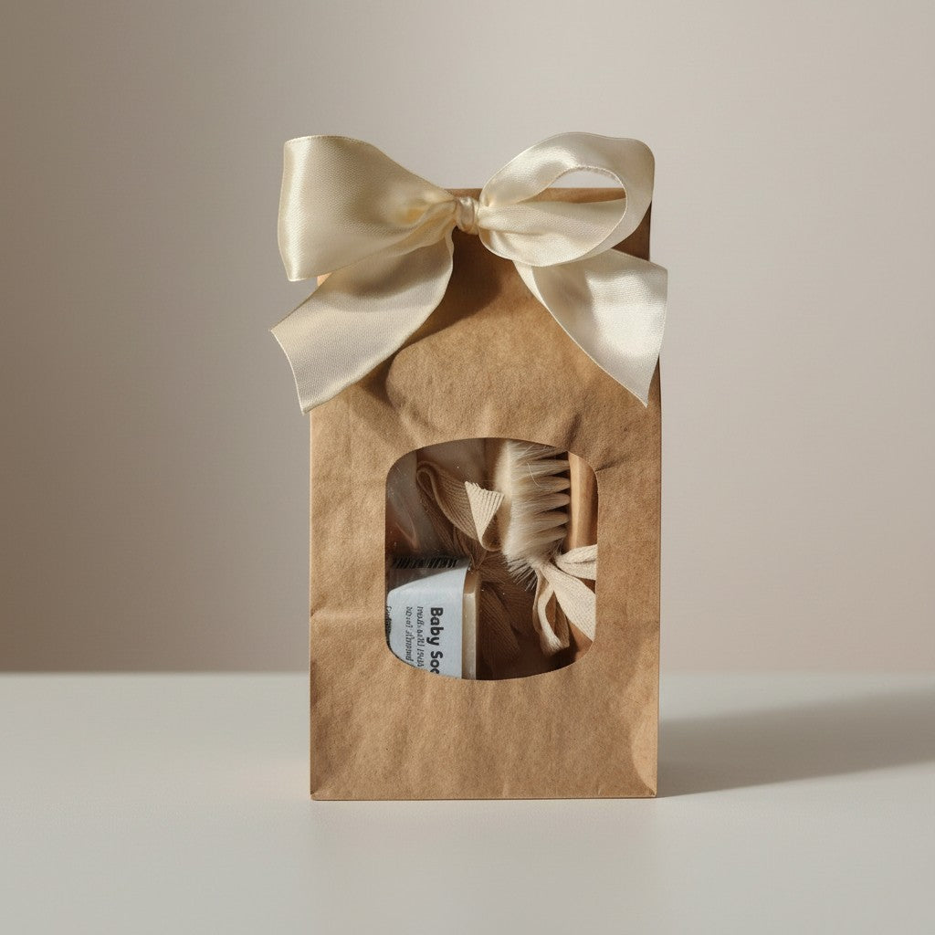 Precious Days Gifts baby bath essentials gift set in a brown paper bag with a cream ribbon bow. Includes washcloths, soap, and a brush and comb.