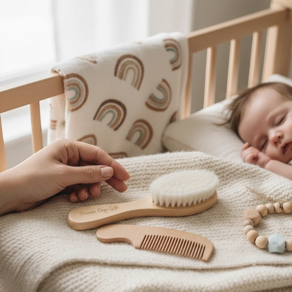 Precious Days Gifts baby bath essentials set with wooden brush, comb, and rainbow muslin cloth.