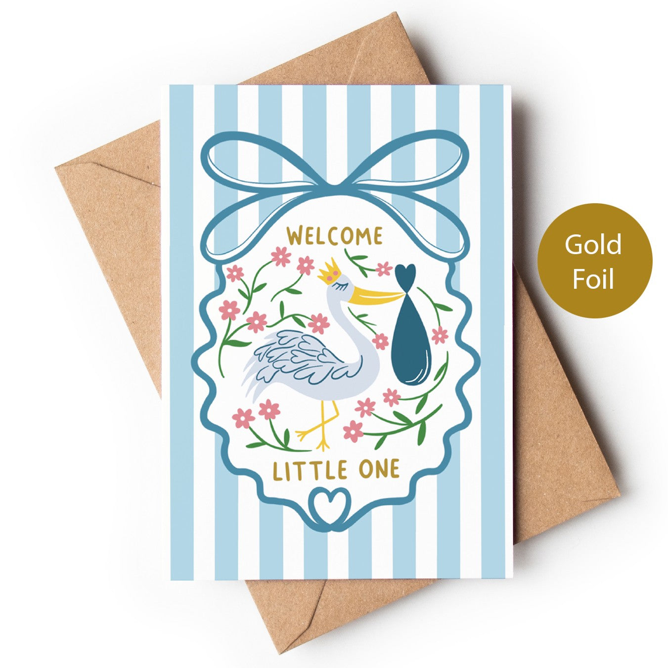 Precious Days Gifts blue striped baby card with stork, flowers, and gold foil "Welcome Little One" lettering.