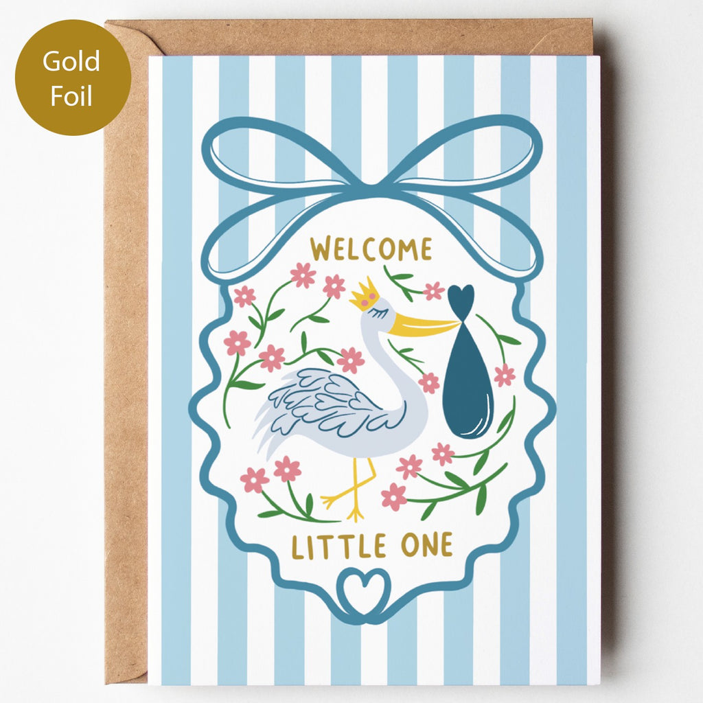 Precious Days Gifts blue striped baby card with stork carrying bundle, gold foil lettering "Welcome Little One".