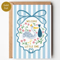 Precious Days Gifts blue striped baby card with stork carrying bundle, gold foil lettering "Welcome Little One".