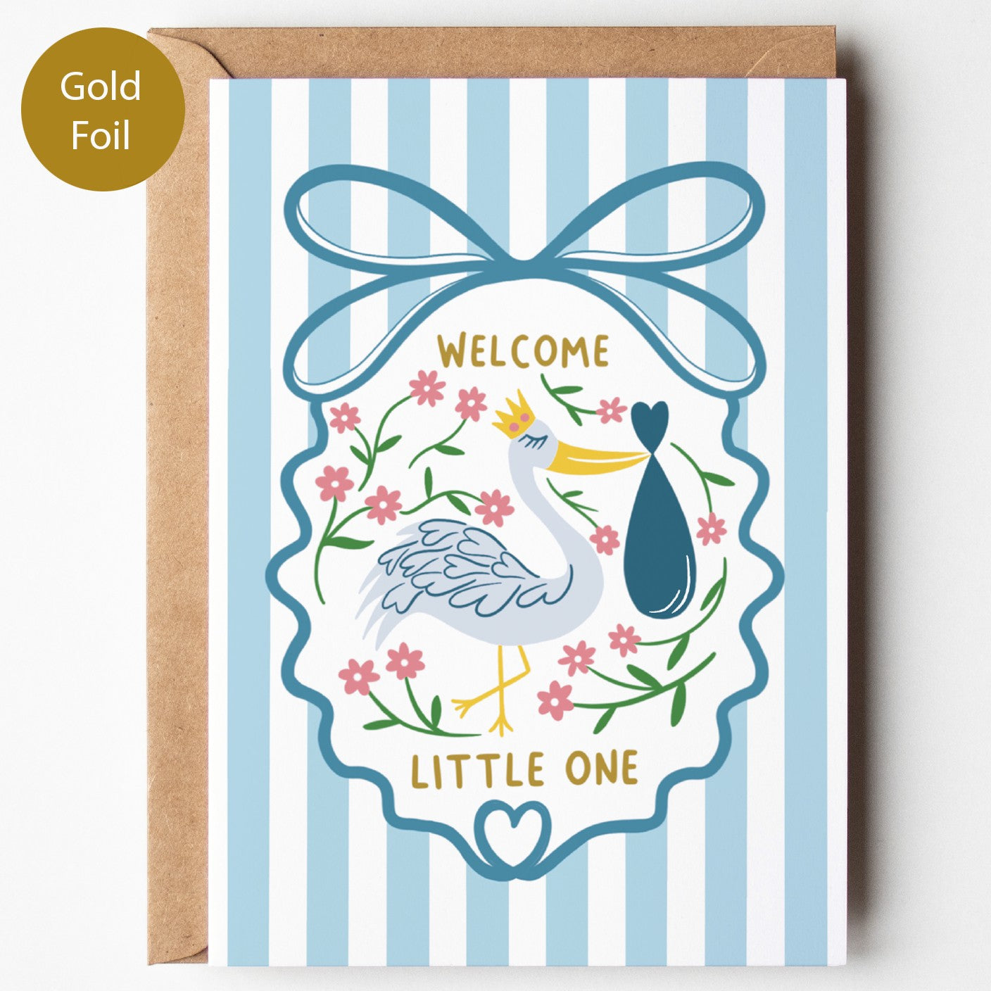 Precious Days Gifts blue striped baby card with stork carrying bundle, gold foil lettering "Welcome Little One".