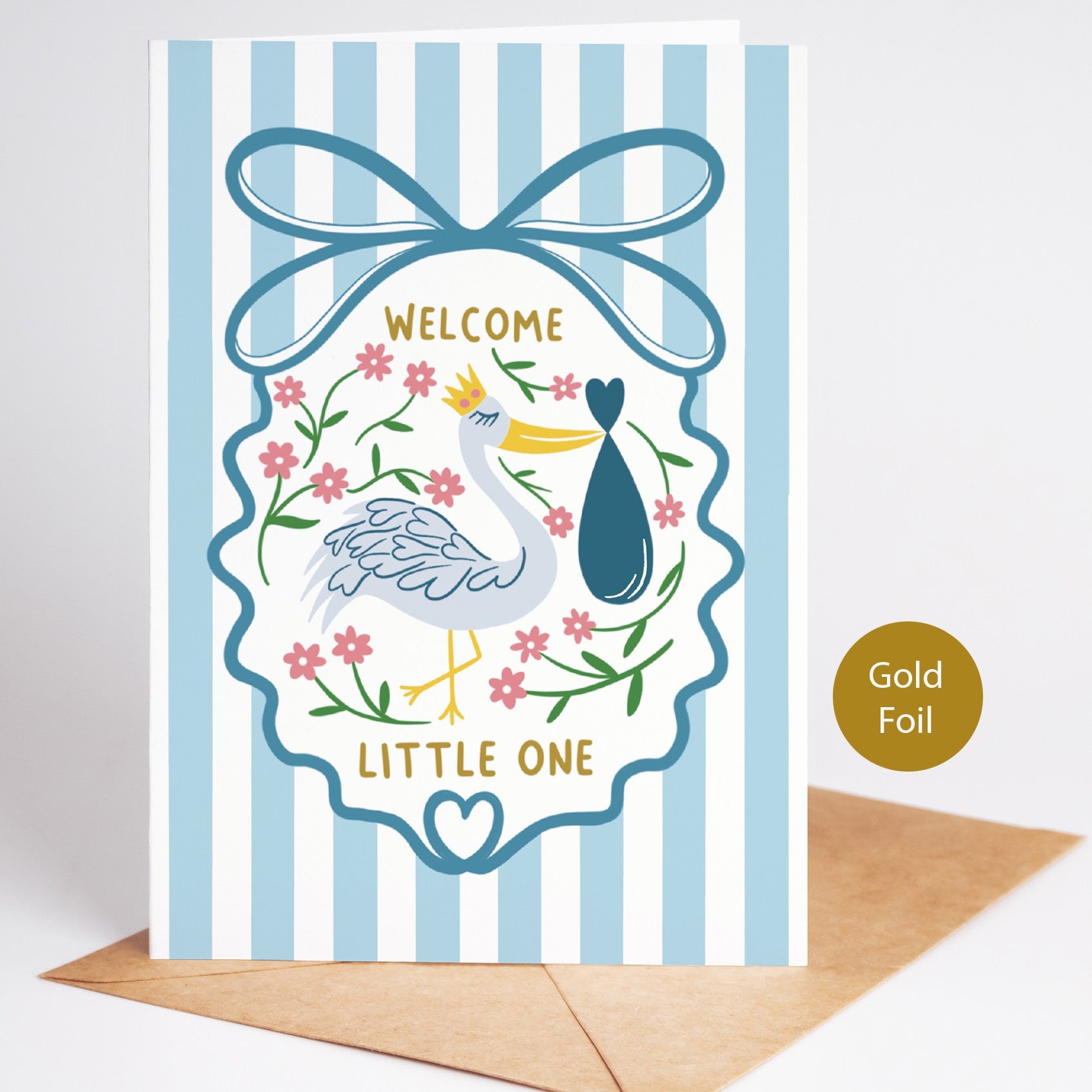 Precious Days Gifts blue striped baby card with stork, floral details, gold lettering "Welcome Little One", and gold foil accent.