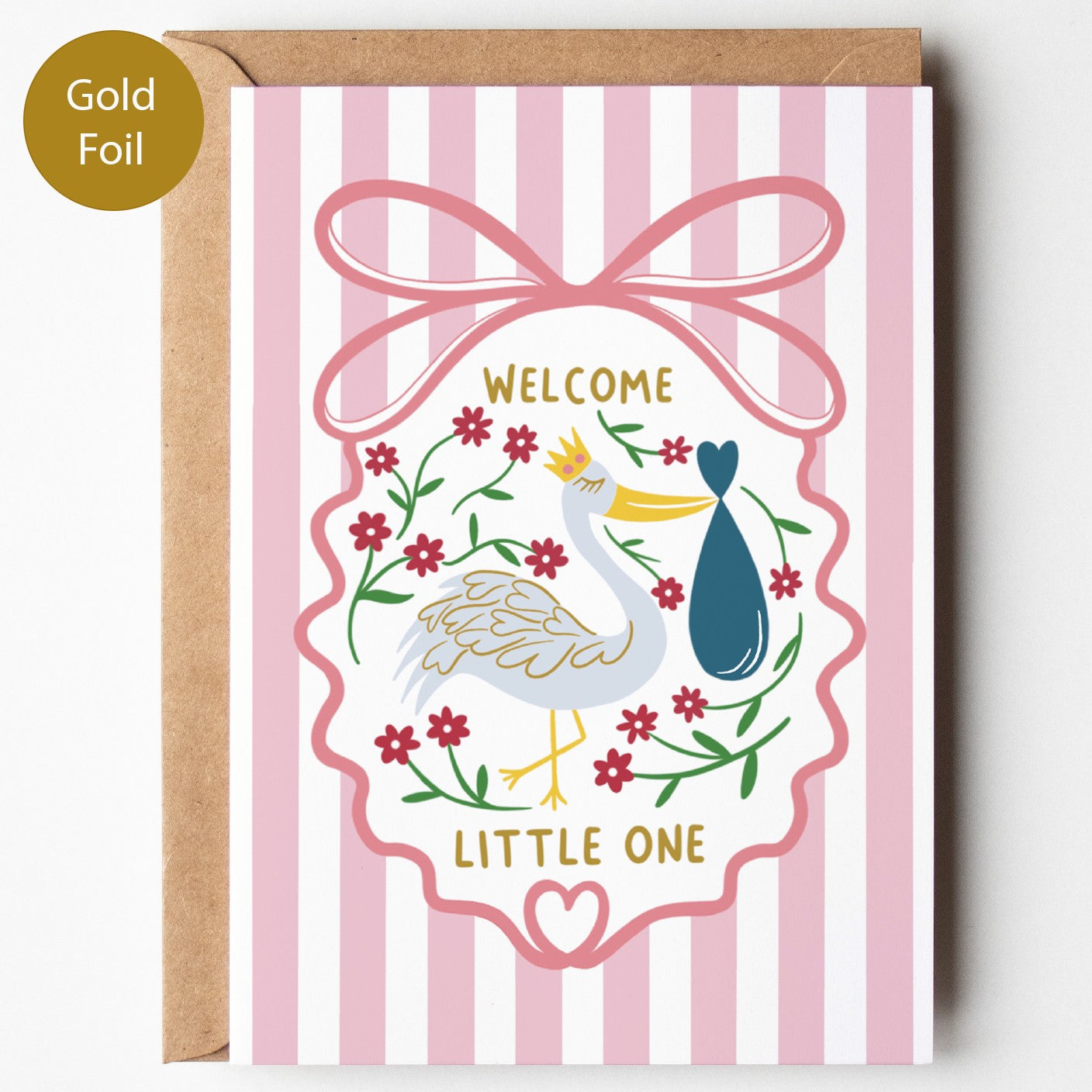 Precious Days Gifts pink striped baby card with stork, gold foil lettering "Welcome Little One", and floral accents.