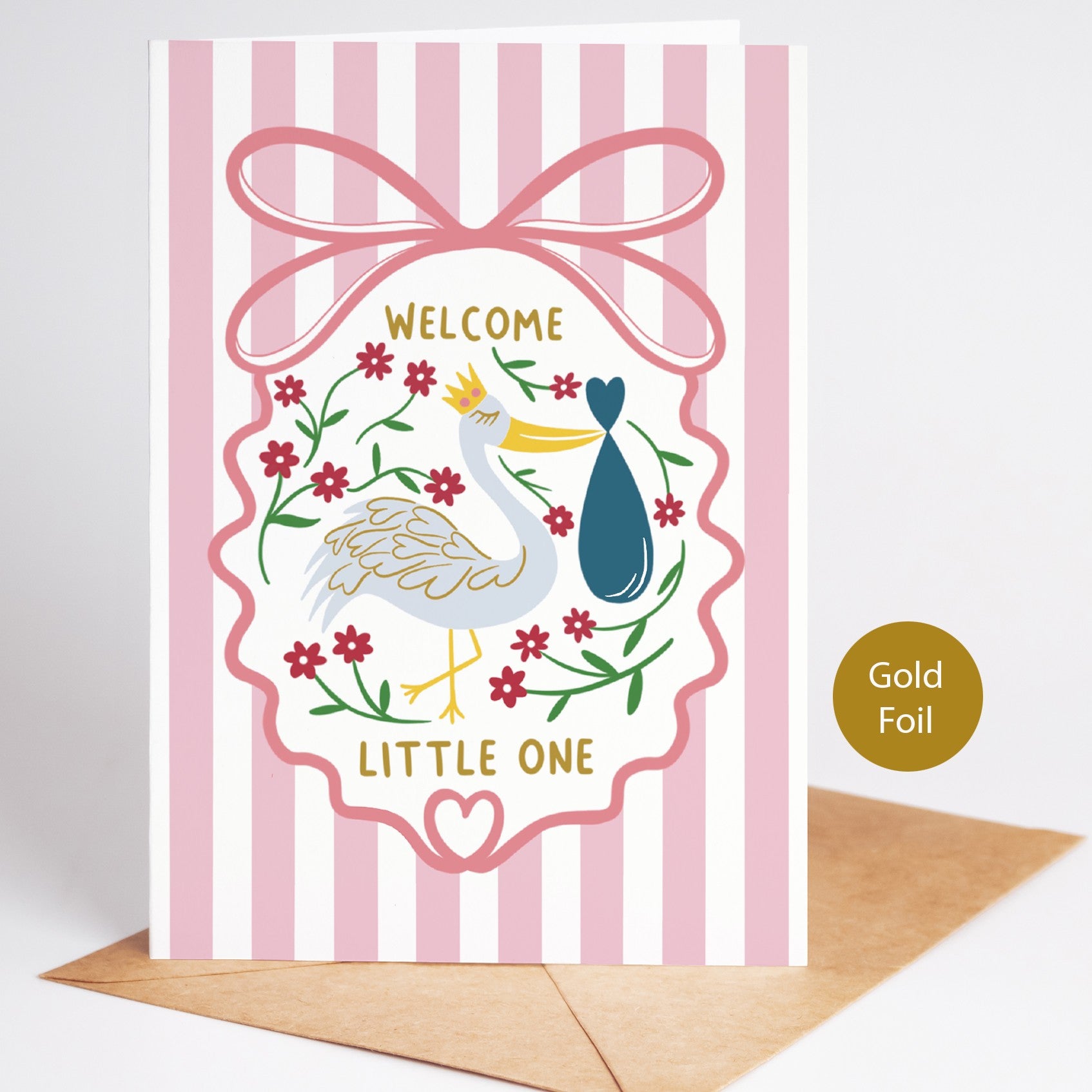 Precious Days Gifts pink striped baby card with stork carrying baby bundle, gold foil lettering "Welcome Little One."