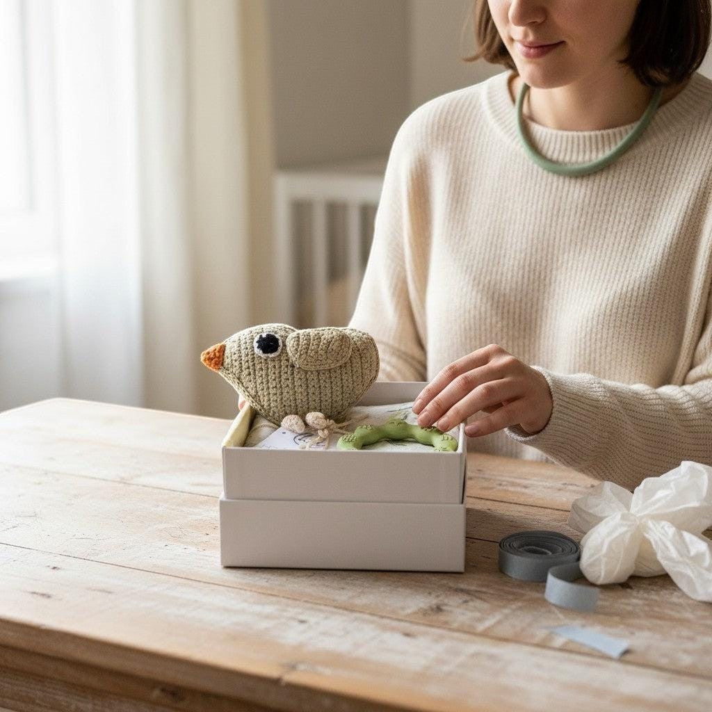 Precious Days Gifts new baby gift box with a beige crochet bird rattle, green silicone teether, and muslin.