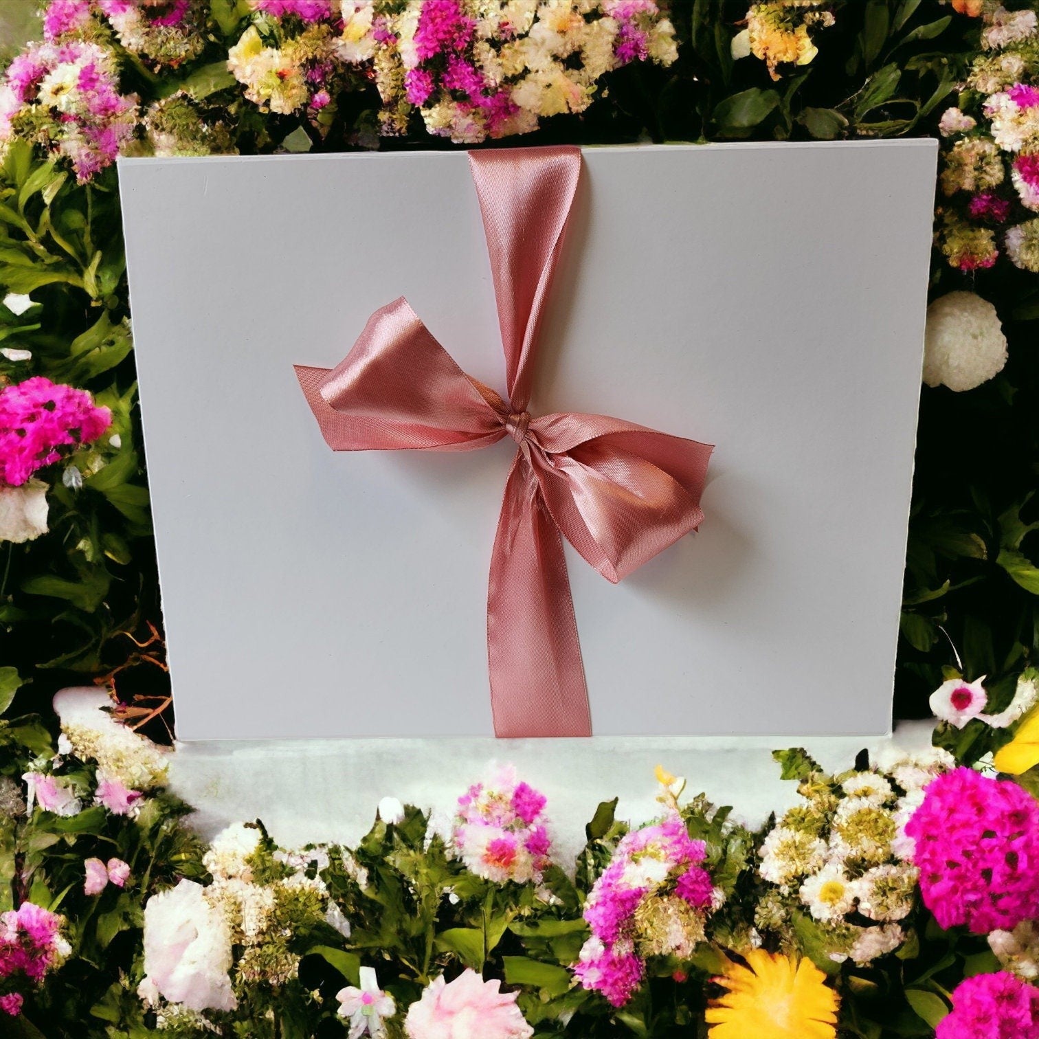 Precious Days Gifts large white new baby gift box with pink ribbon, surrounded by flowers. Includes muslin, soap, and pig rattle.