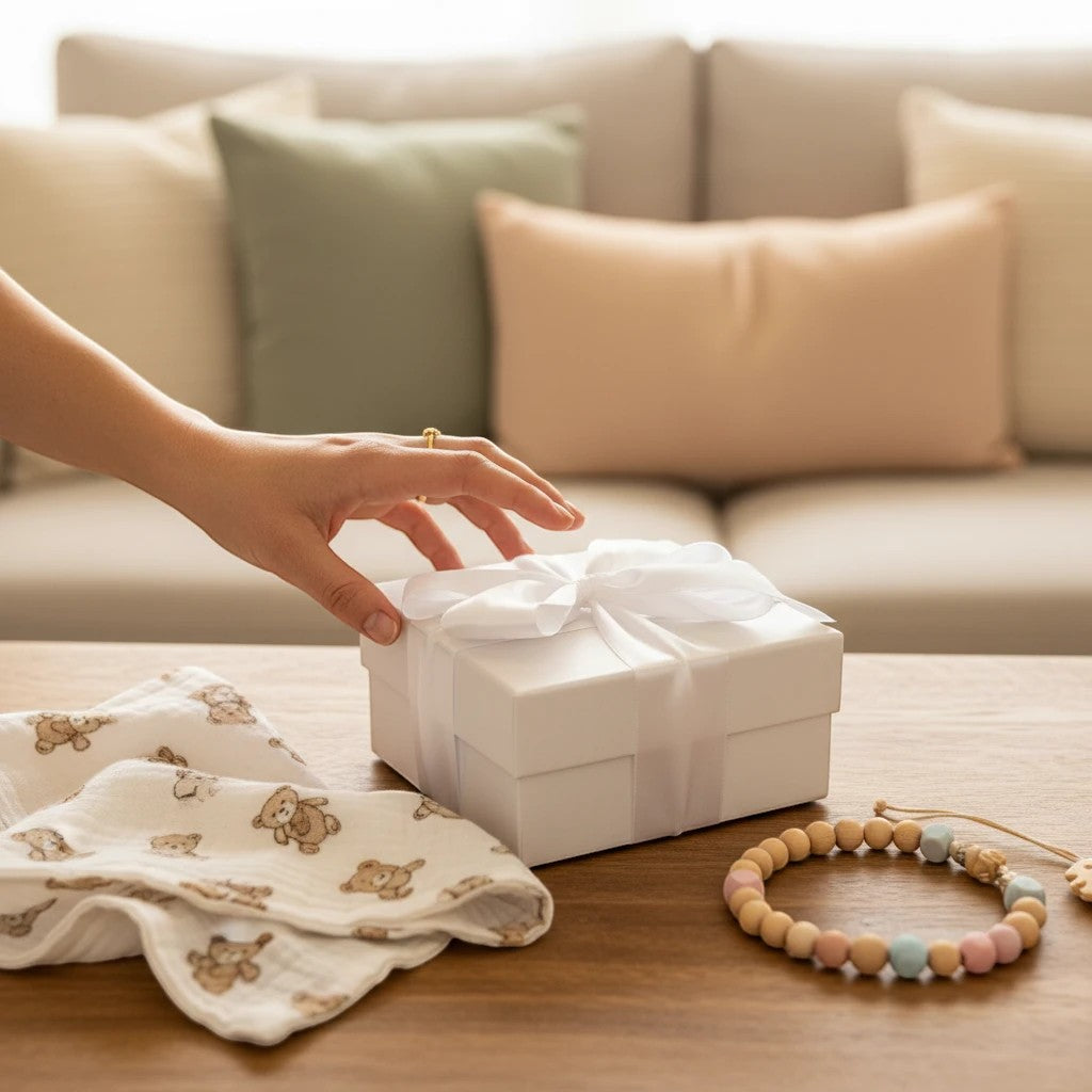 Precious Days Gifts baby sunshine gift box with muslin cloth and handmade rattle on a wooden table