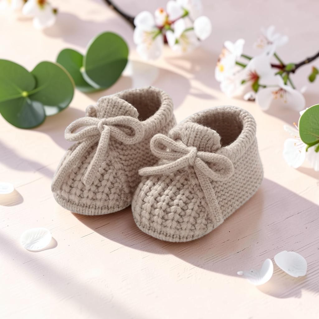Precious Days Gifts beige knitted baby booties with a soft cable-knit texture and decorative front bow detail.