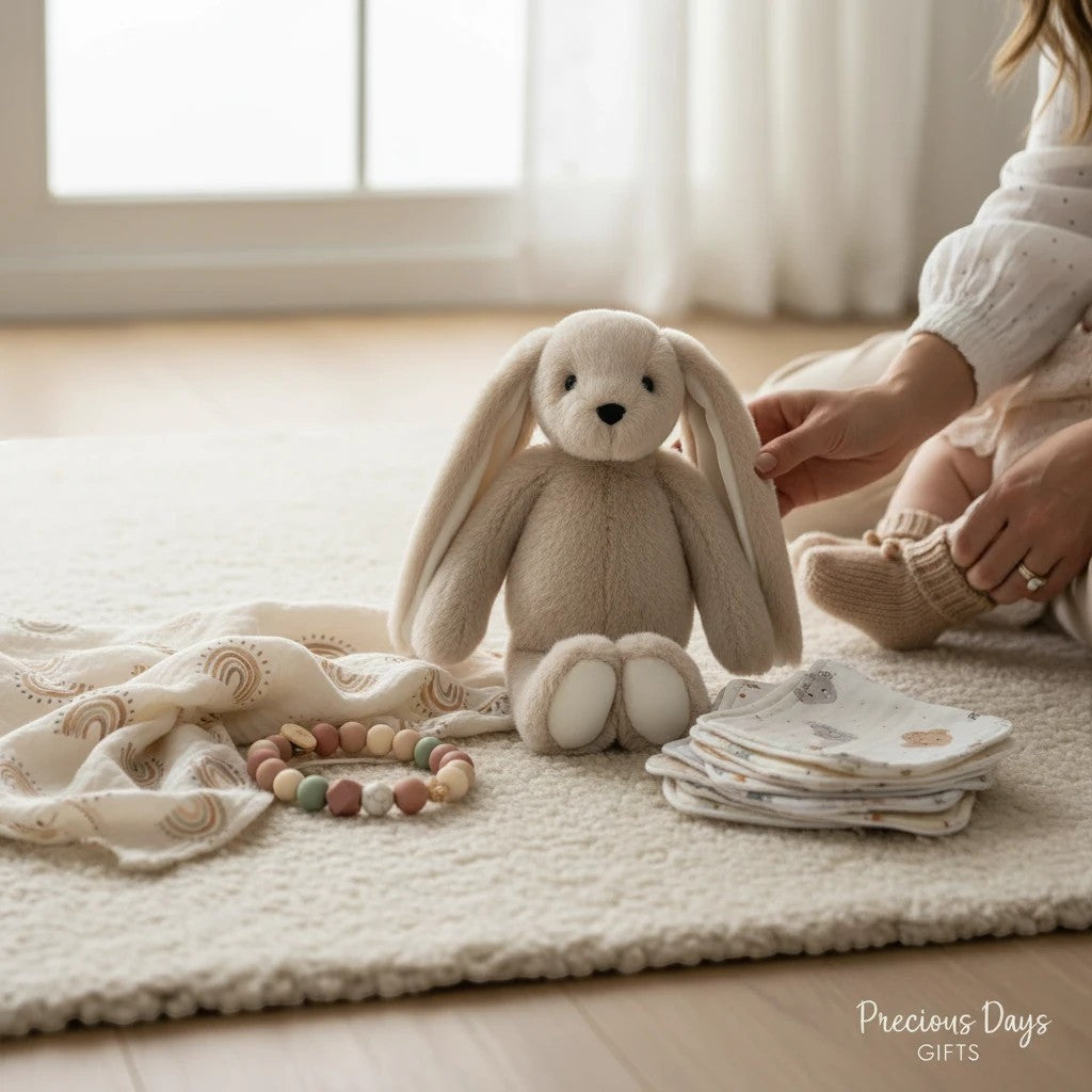 Precious Days Gifts beige plush bunny toy, 20cm, soft, machine washable, suitable from birth.