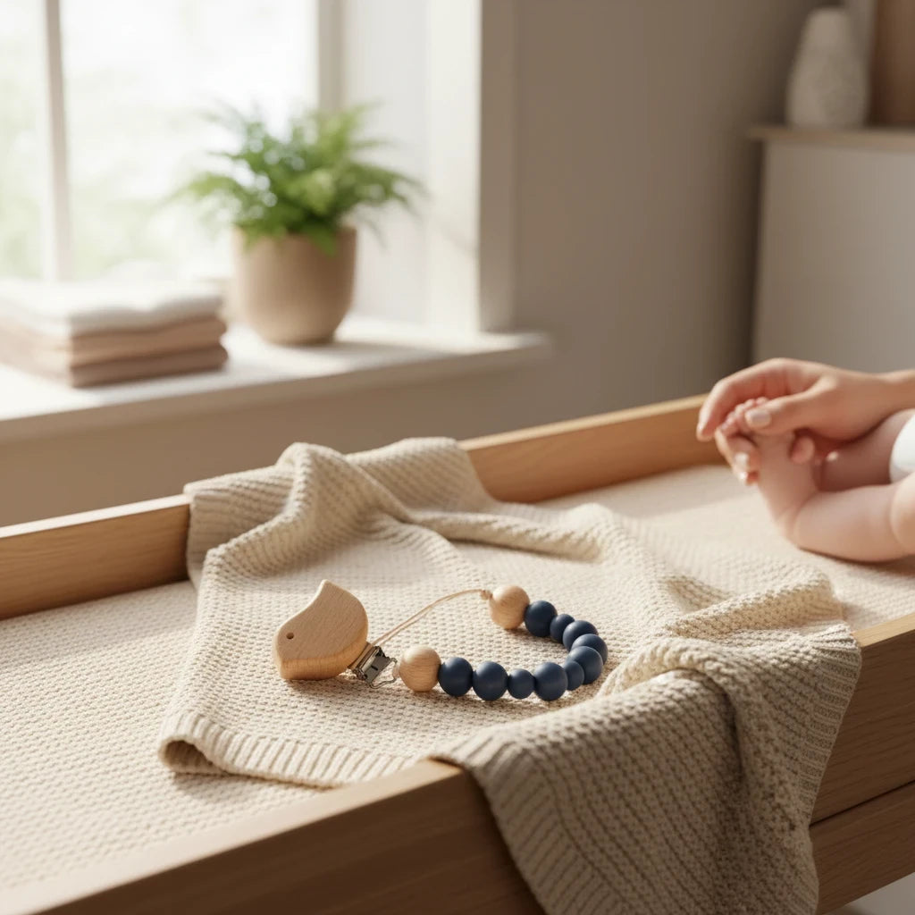 Precious Days Gifts blue bird dummy clip with silicone and wooden beads resting on a beige knitted baby blanket