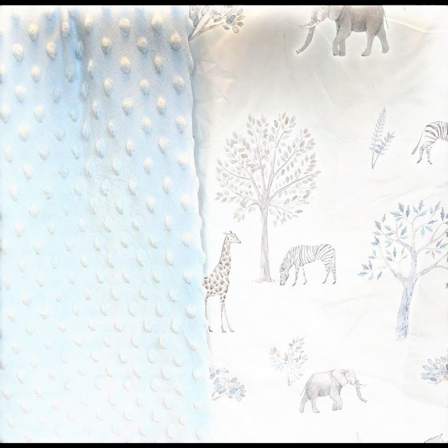 Precious Days Gifts light blue minky dot fleece baby blanket with safari animal print. 75cm x 100cm.