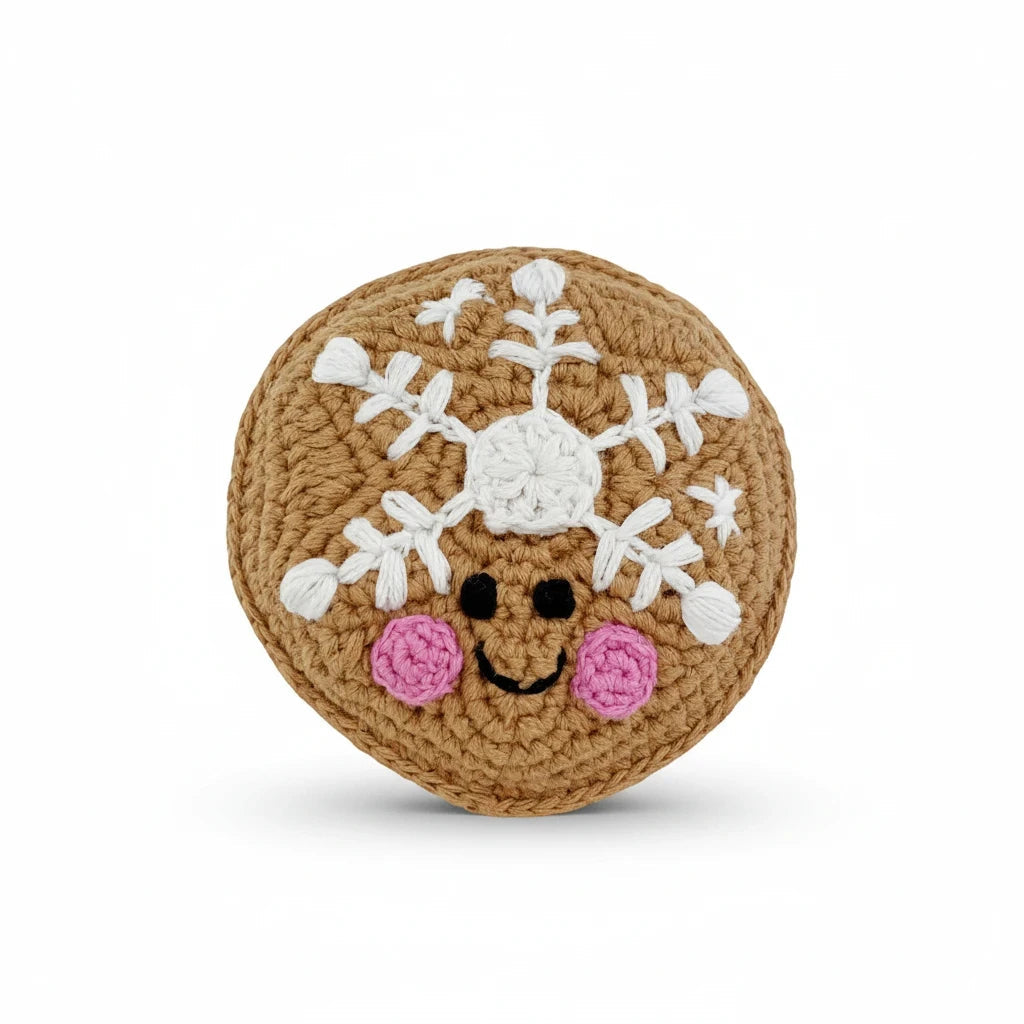 Precious Days Gifts handmade organic cotton sugar cookie rattle with white snowflake embroidery and pink cheeks