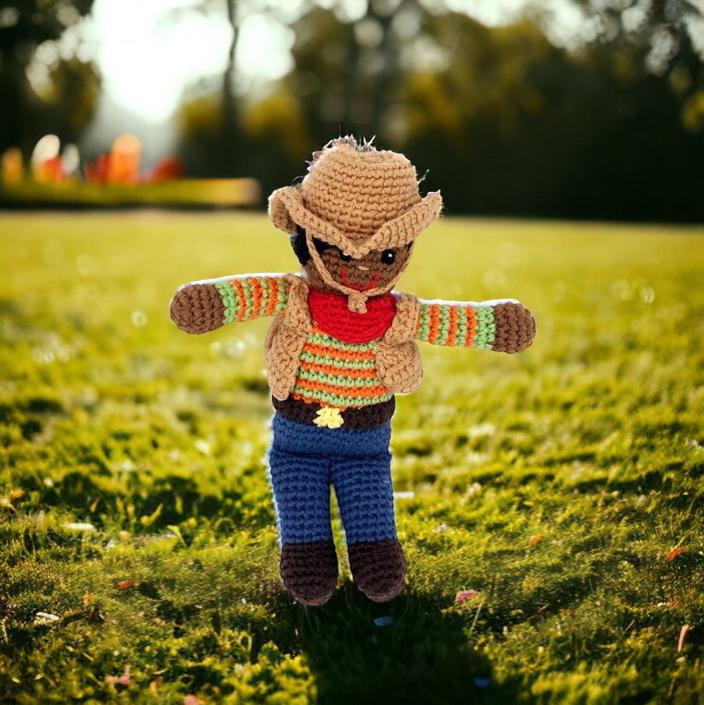 Precious Days Gifts cowboy rattle, handmade crochet with striped shirt, denim jeans, vest, and hat. Suitable from birth.