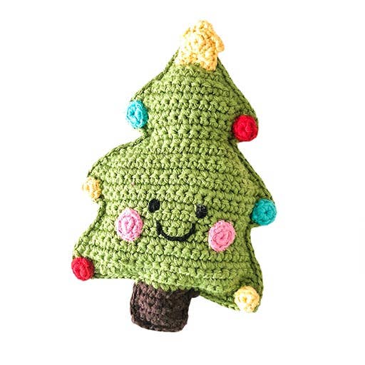 Precious Days Gifts handmade organic cotton Christmas tree rattle with a yellow star and colourful stitched details.
