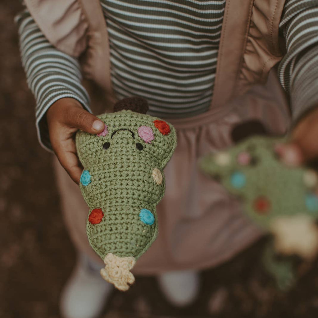 Precious Days Gifts handmade organic cotton Christmas tree rattle with colourful stitched ornaments for baby play