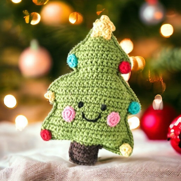 Precious Days Gifts handmade organic cotton crochet Christmas tree baby rattle with colourful stitched ornaments