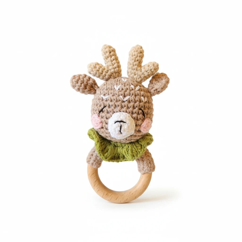 Precious Days Gifts handmade crochet reindeer teether with a natural beechwood ring and olive green scarf