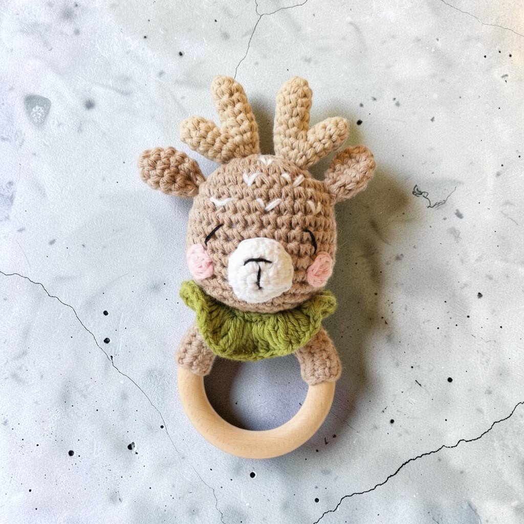 Precious Days Gifts handmade crochet reindeer teether with a natural beechwood ring and olive green scarf.