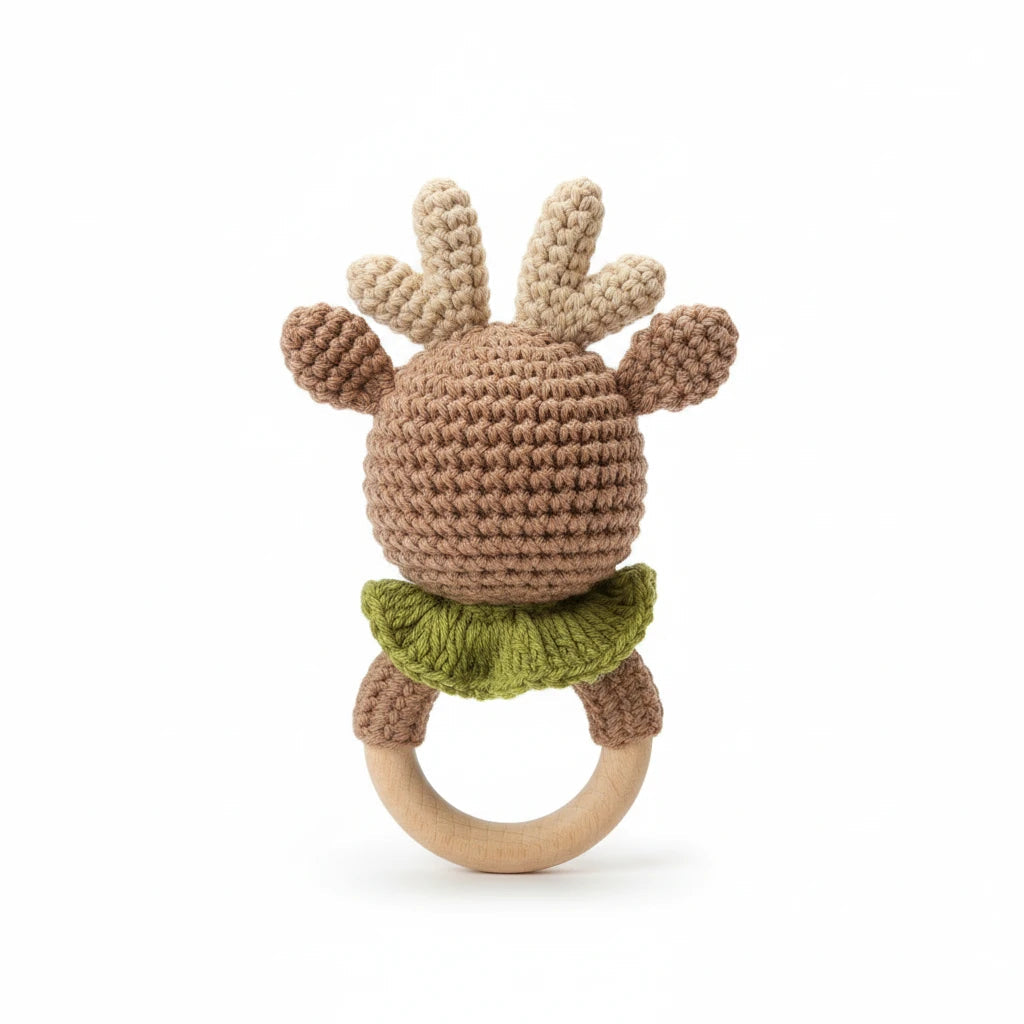 Precious Days Gifts handmade crochet reindeer teether with a natural beechwood ring and olive green scarf back view