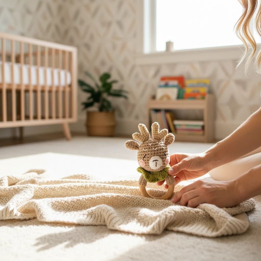 Precious Days Gifts handmade crochet reindeer teether with a natural beechwood ring and olive green scarf on a blanket