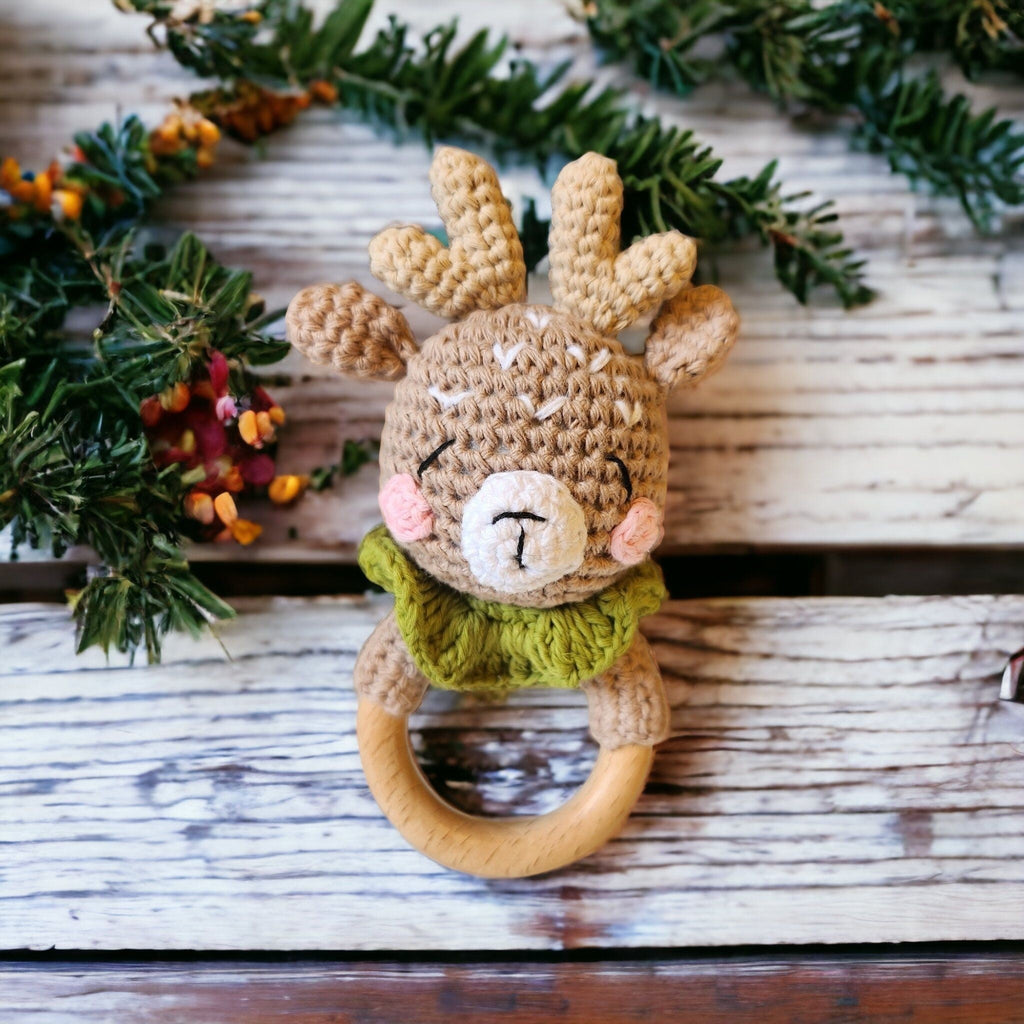 Precious Days Gifts handmade crochet reindeer teether with a natural beechwood ring and olive green scarf.