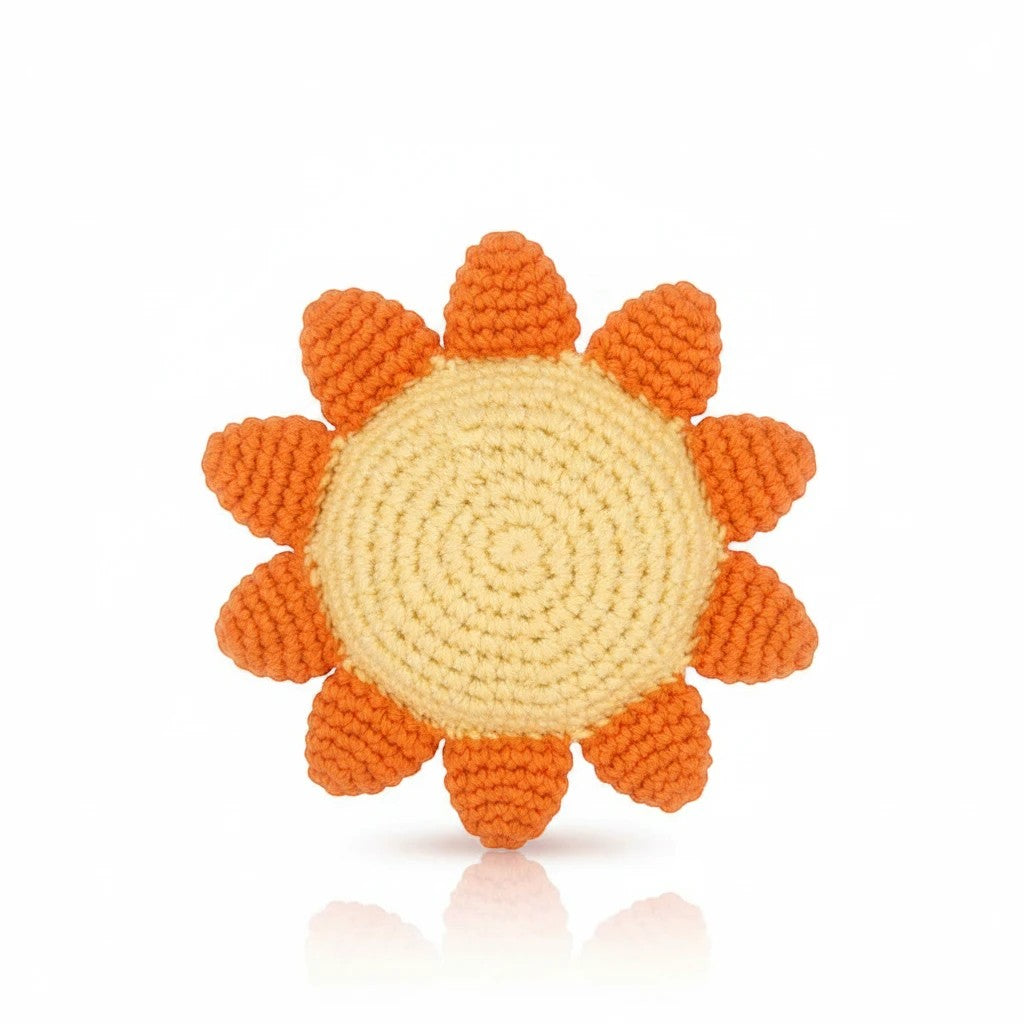 Precious Days Gifts handmade crochet sun rattle in yellow and orange, perfect for sensory play.