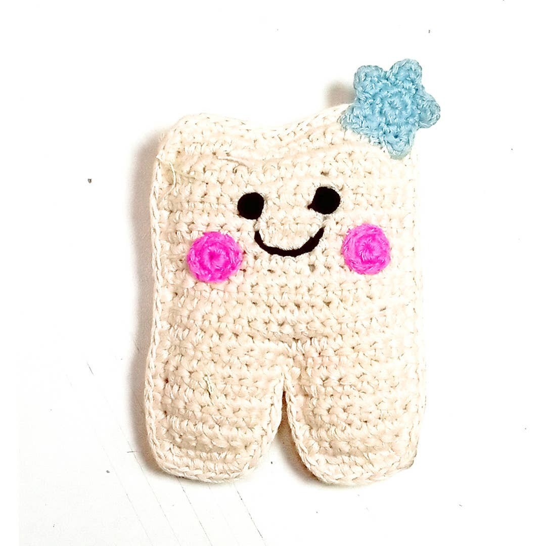 Precious Days Gifts handmade crochet tooth plush with a pocket, smiling face, pink cheeks, and blue star.