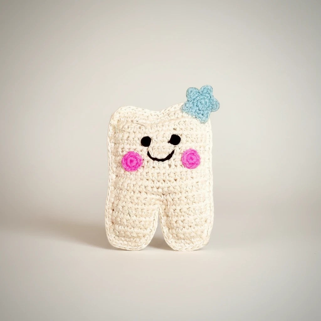 Precious Days Gifts handmade cream crochet tooth plush with a blue star accent, pink cheeks, and a smiling face. Features a pocket for lost teeth.