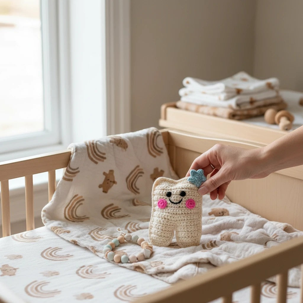 Precious Days Gifts handmade crochet tooth plush with a pocket, smiling face, and blue star detail.