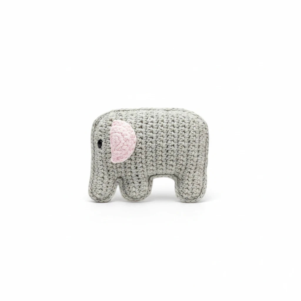 Precious Days Gifts handmade grey crocheted elephant baby rattle with soft pink ears for sensory play