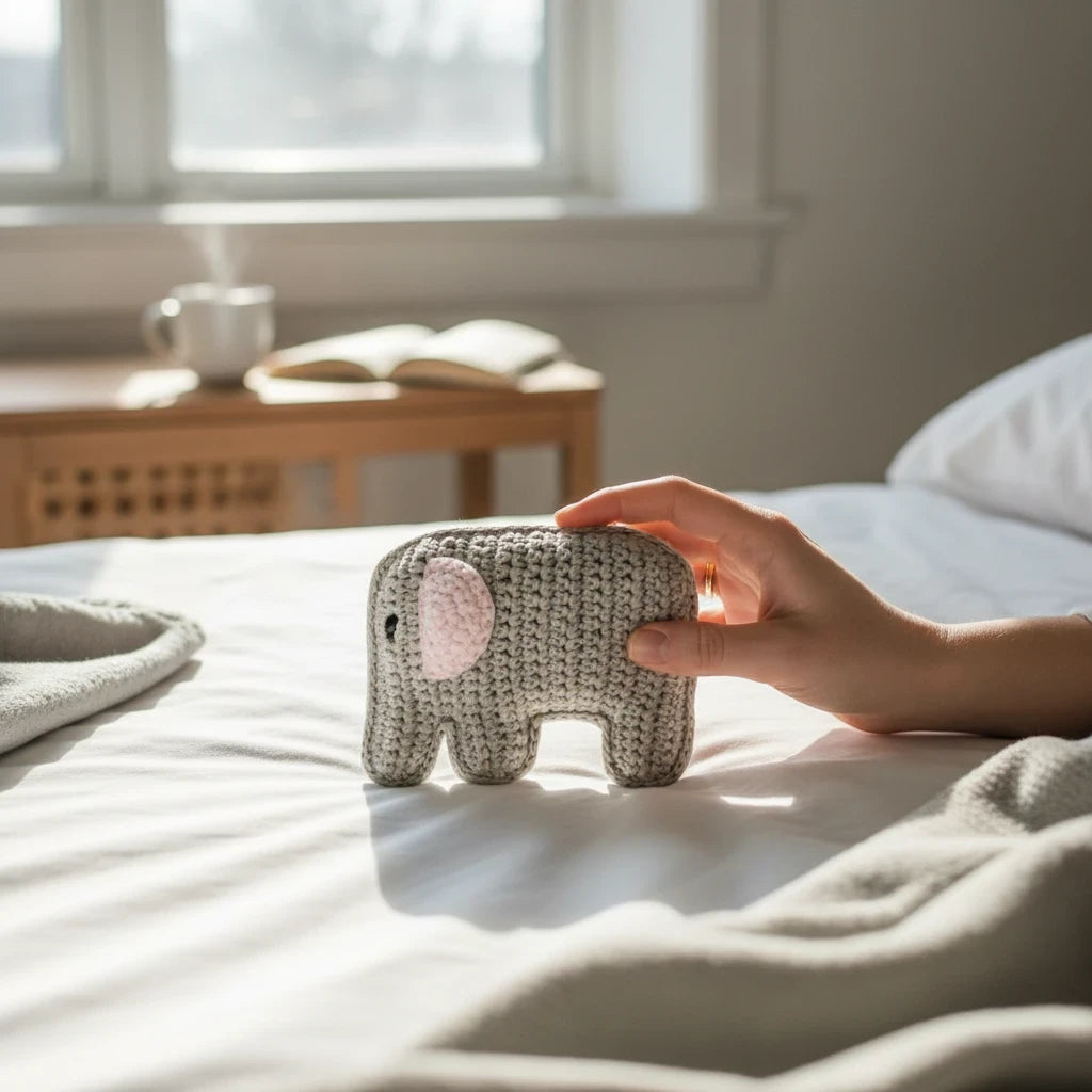 Precious Days Gifts handmade grey crocheted elephant baby rattle with pink ears on a white bed sheet