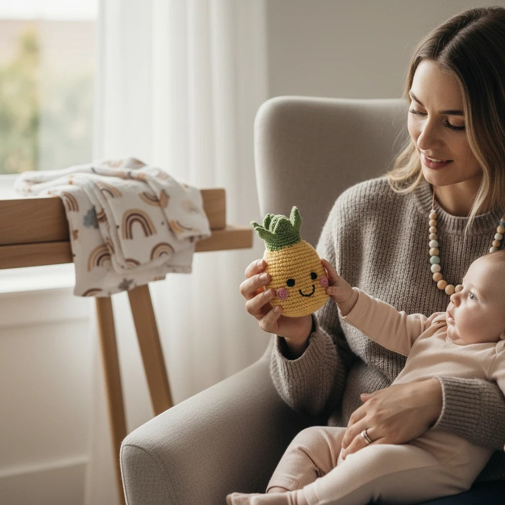 Precious Days Gifts yellow crocheted pineapple rattle with green top and smiling face, held by a woman for a baby.