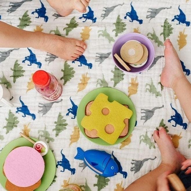 Precious Days Gifts large 120cm x 120cm 6-layer cotton muslin blanket with dinosaur print, featuring blue, green, and grey dinosaurs.