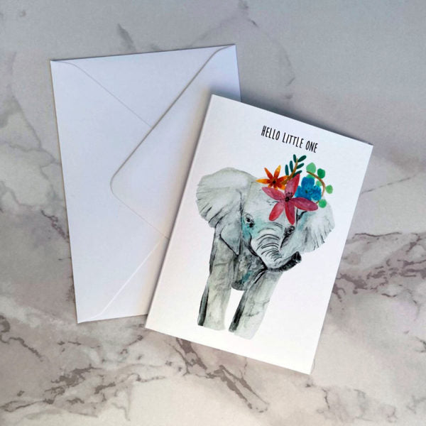 Precious Days Gifts gender neutral new baby card with a folk-inspired elephant illustration and Hello Little One text