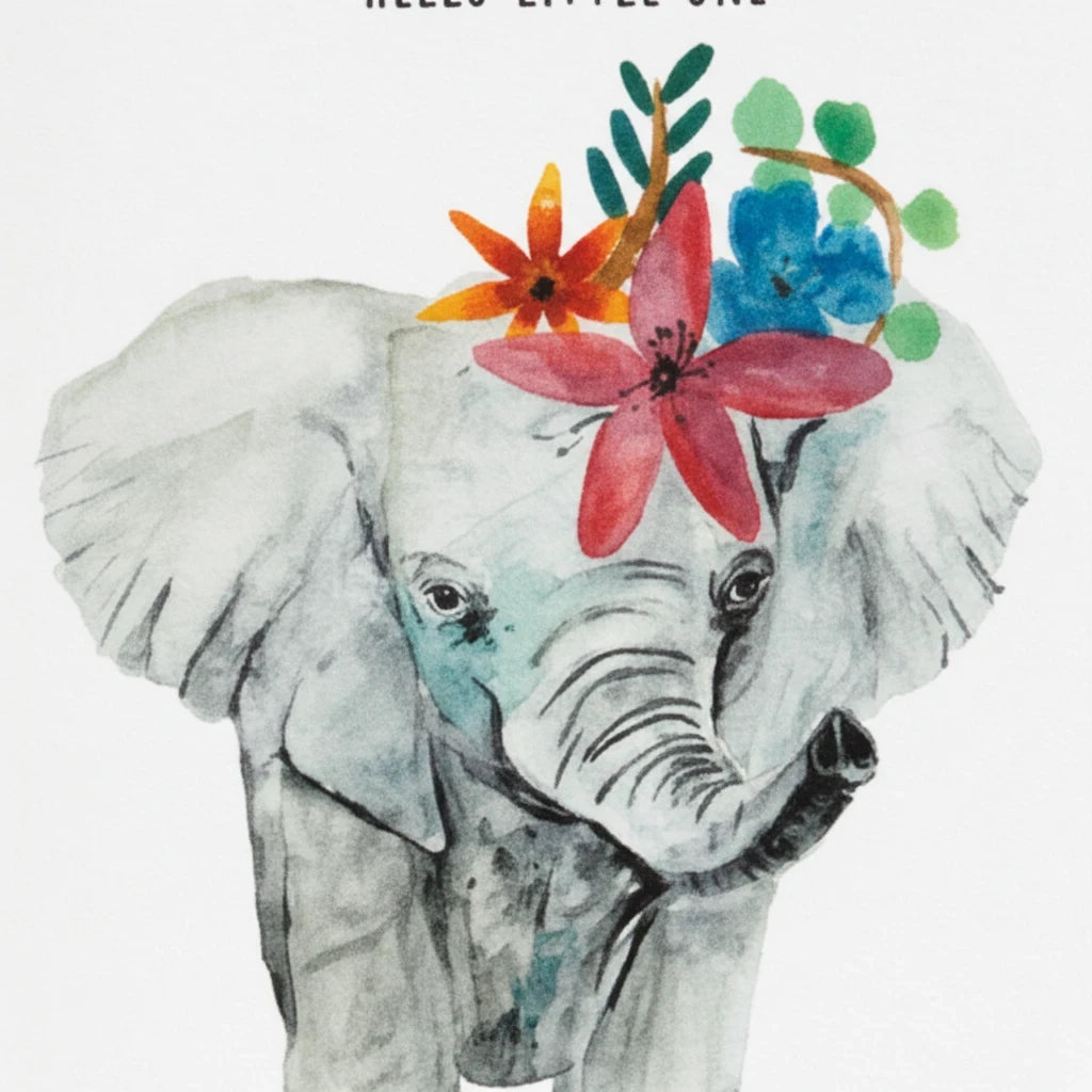 Precious Days Gifts gender neutral baby card featuring a grey elephant with vibrant folk-inspired floral crown