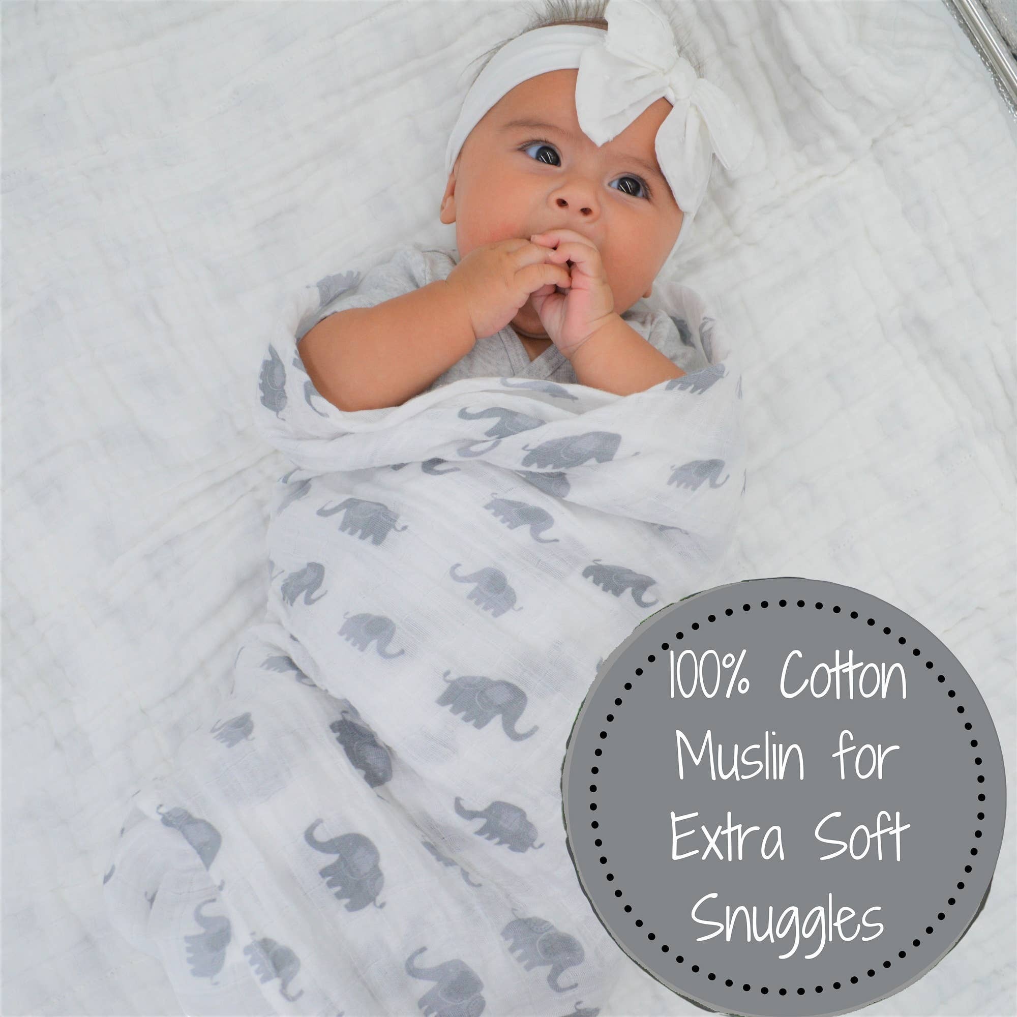 Precious Days Gifts white 100% cotton muslin swaddle blanket with grey elephant print, 120x120cm.