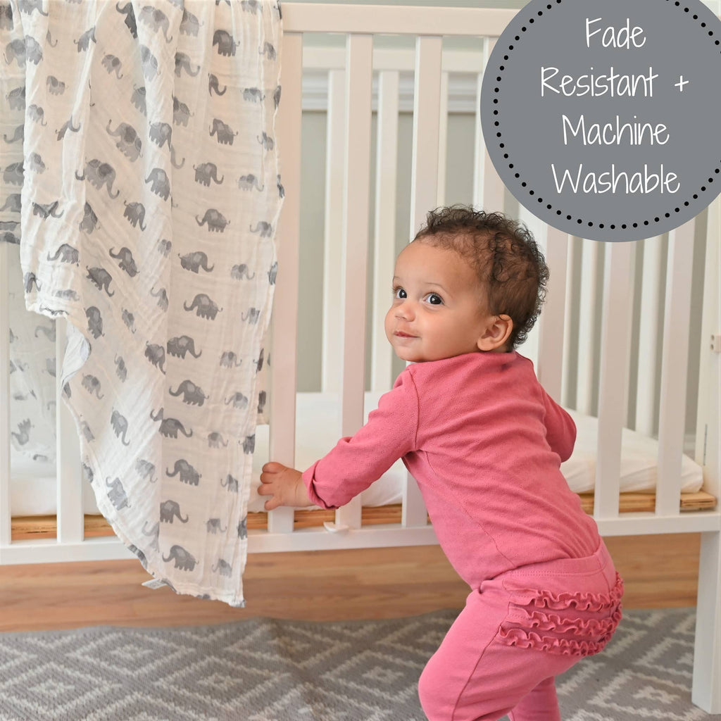 Precious Days Gifts white 100% cotton muslin swaddle blanket with grey elephant print. 120x120cm.