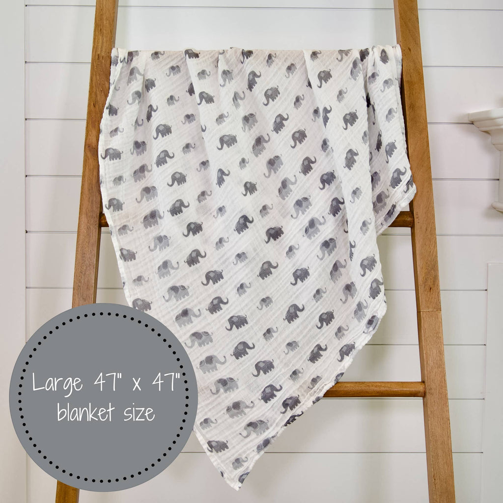 Precious Days Gifts white 100% cotton muslin swaddle blanket with a grey elephant print. Large 120x120cm size.