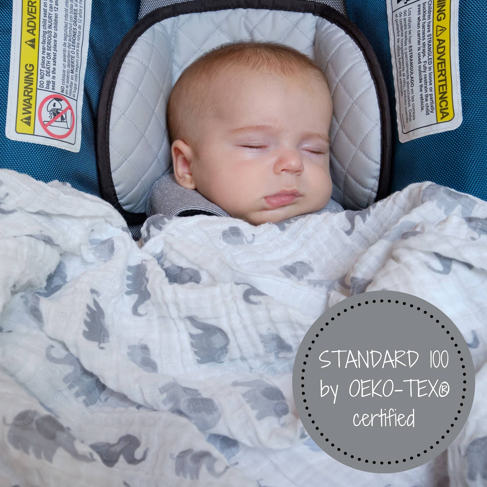 Precious Days Gifts white 100% cotton muslin swaddle blanket with grey elephant print, 120x120cm, OEKO-TEX certified.