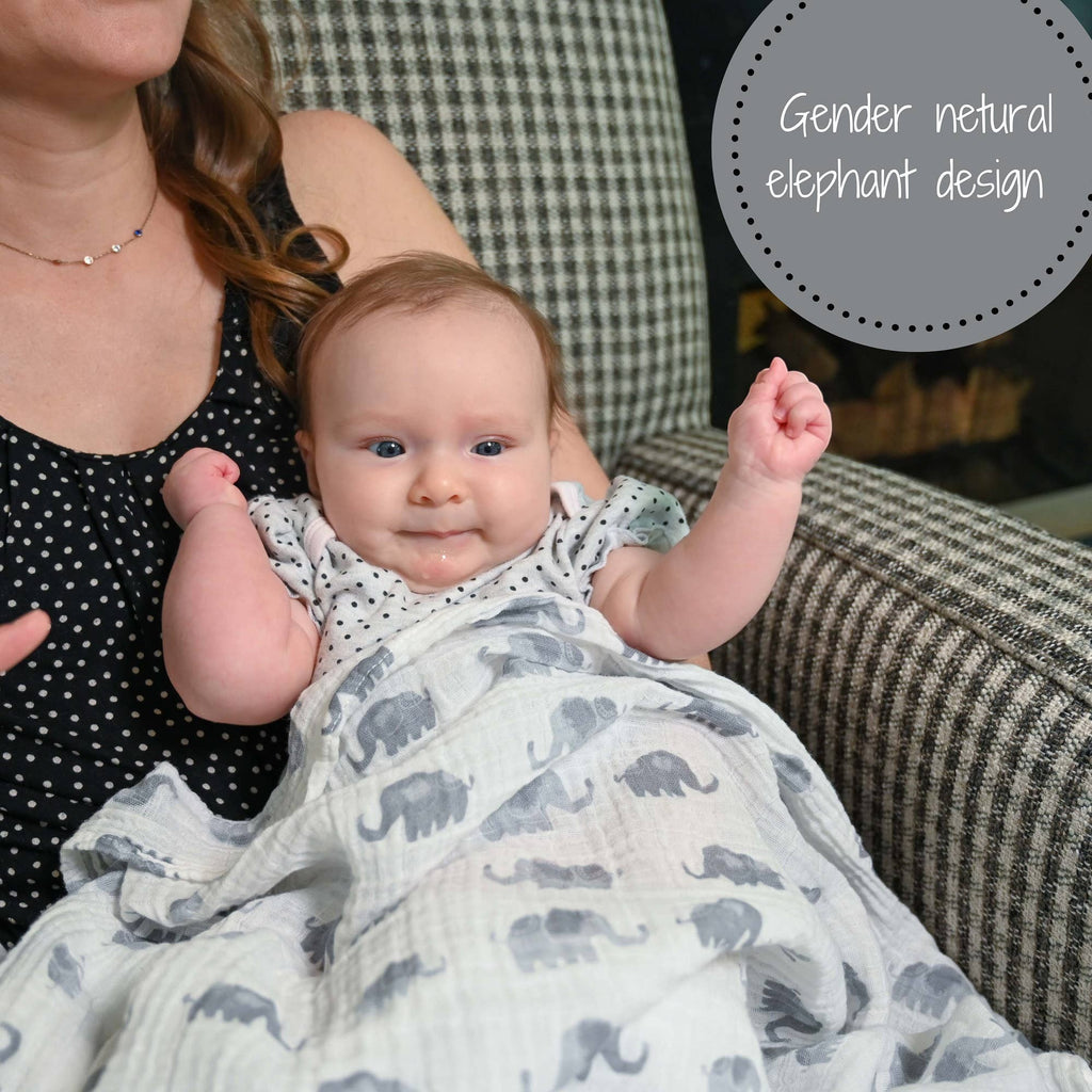 Precious Days Gifts baby muslin swaddle blanket with grey elephants, 100% cotton, 120x120cm, gender neutral design.