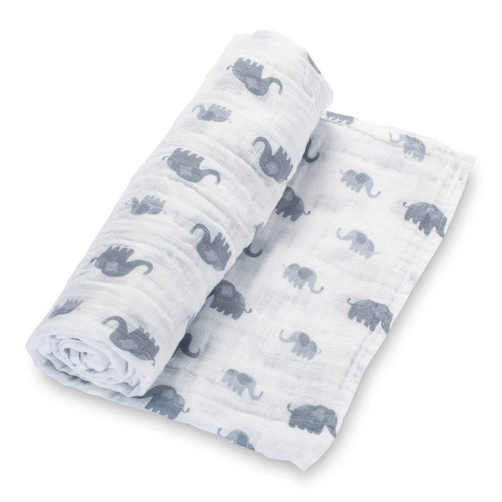 Precious Days Gifts white 100% cotton muslin swaddle blanket with grey elephant print, 120x120cm.