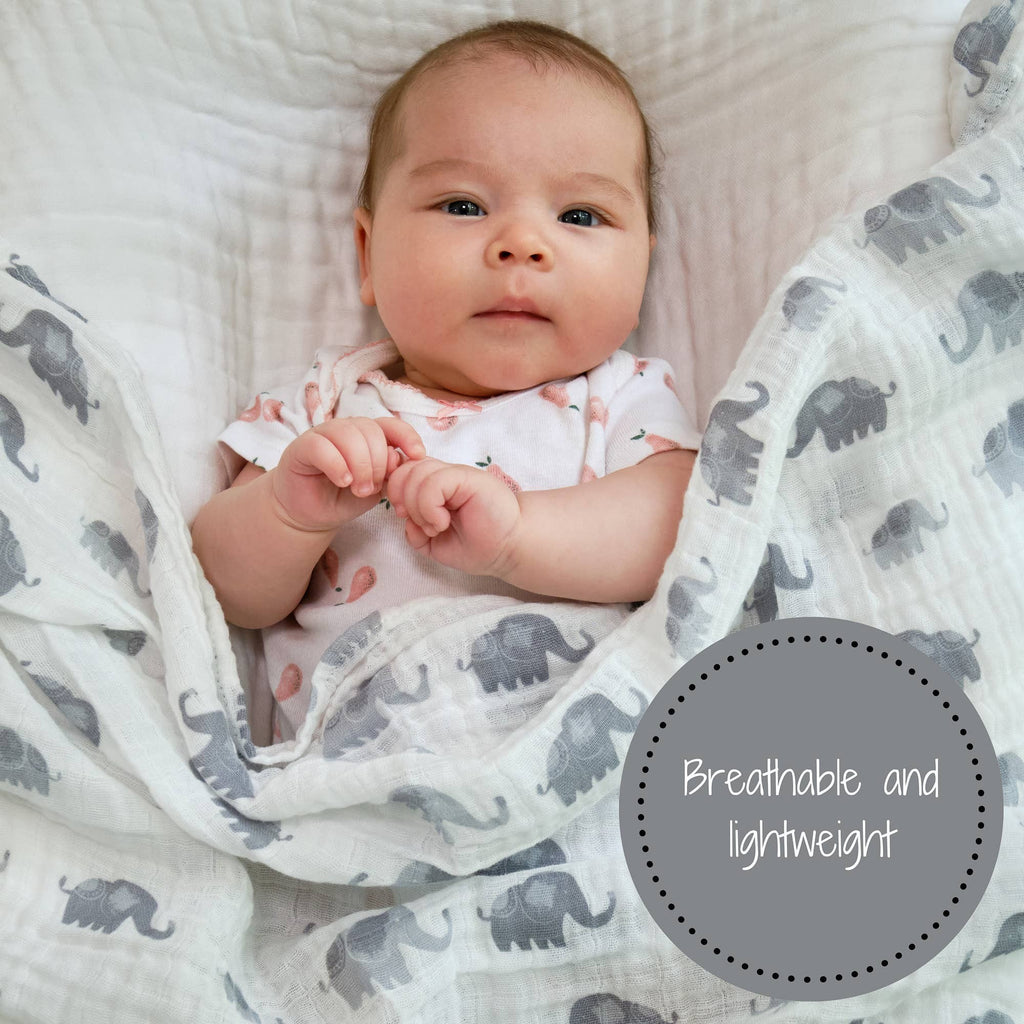 Precious Days Gifts baby swaddle blanket with grey elephant print, made of 100% cotton muslin. Breathable and lightweight.