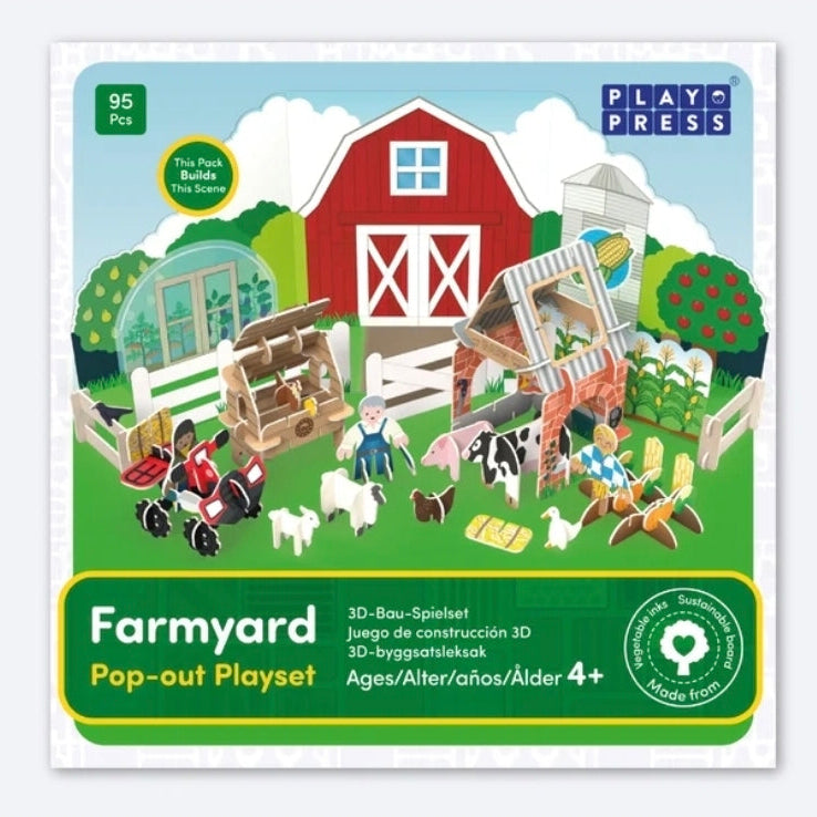 Precious Days Gifts Play Press Toys Farmyard set featuring sustainable cardboard farm animals, figures, and buildings.