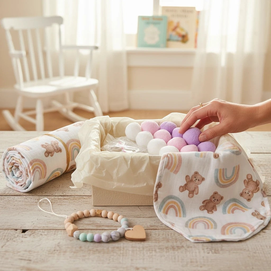 Precious Days Gifts Felt Ball Garland Craft Kit with white, pink, and purple pom poms, string, and wooden rings.