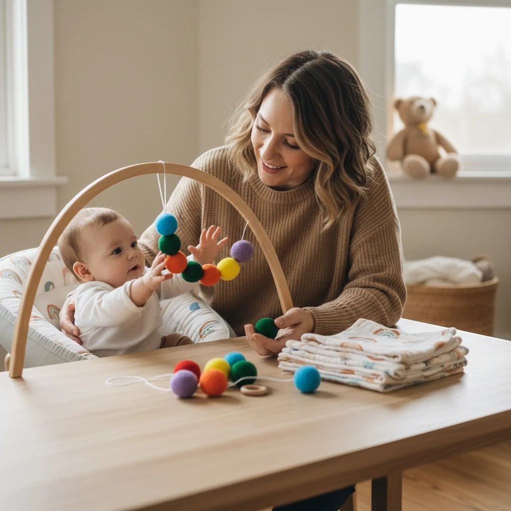 Precious Days Gifts Felt Ball Garland Craft Kit with colorful pom poms and wooden rings for DIY baby shower or nursery decor.