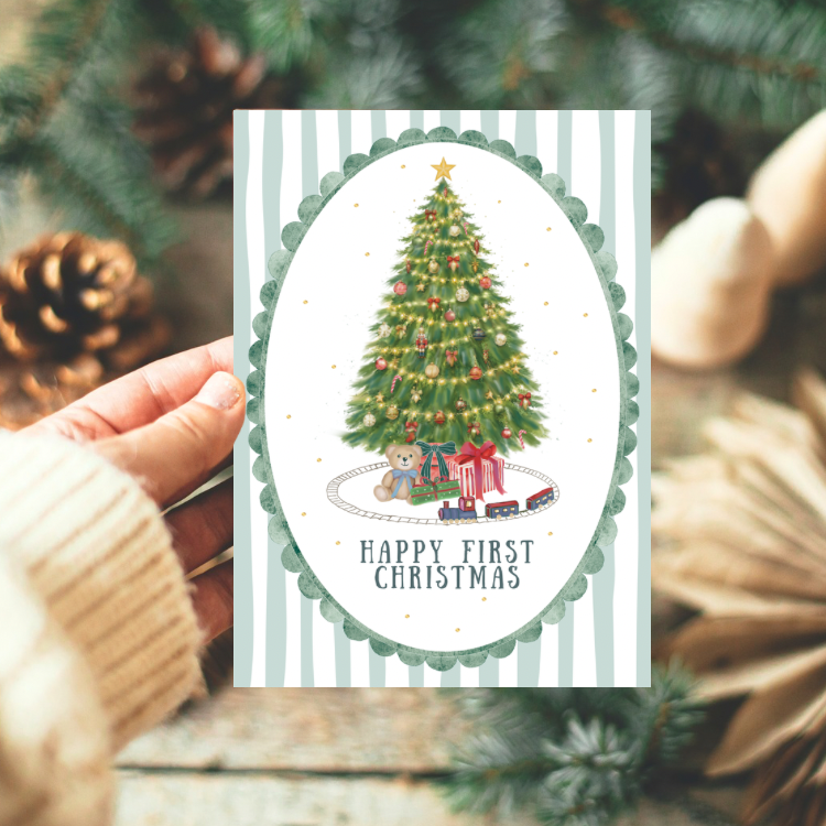 Precious Days Gifts A6 card with a vintage Christmas tree illustration on a sage green striped background.